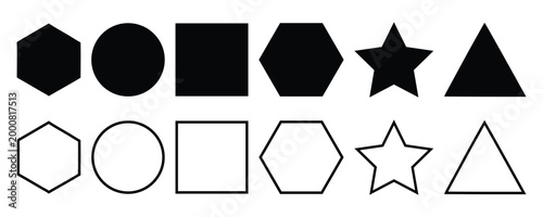 A collection of basic geometric shapes in both solid black and outline styles.