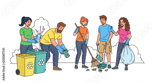Vector illustration of people participating in a community cleanup event, picking up trash with various tools and recycling bins, against a clean white background, conveying a positive