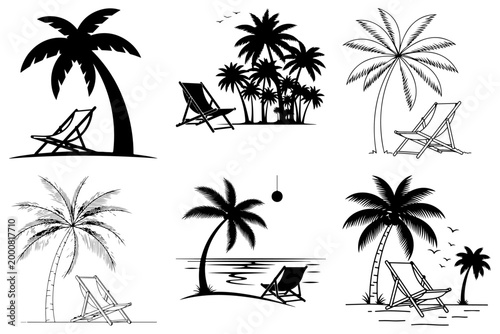 Cuadro en lienzo Beach chair and palm tree line art silhouette vector Designs
