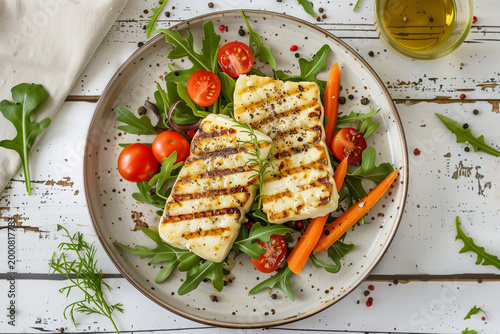 Gegrillter Halloumi Salat mit Rucola, Tomaten und Karotten – gesunde mediterrane Küche