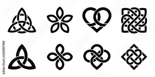 Endless knot set of buddhist cultural symbols sacred celtic intertwined patterns medieval decorative ornament vector illustration