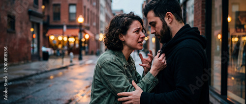 feeling anger connection openart.ai concept. Woman angrily confronts man on a wet city street during dusk with illuminated windows and blurred background.