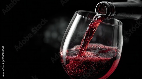 single glass of rich red wine isolated on a black background, minimalistic and elegant composition with dramatic contrast 