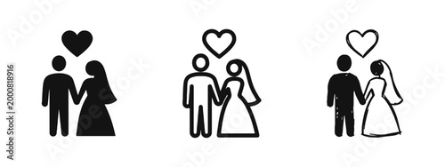 Wedding Couple Bride and Groom Icon Set in Solid, Outline, and Hand-Drawn Styles