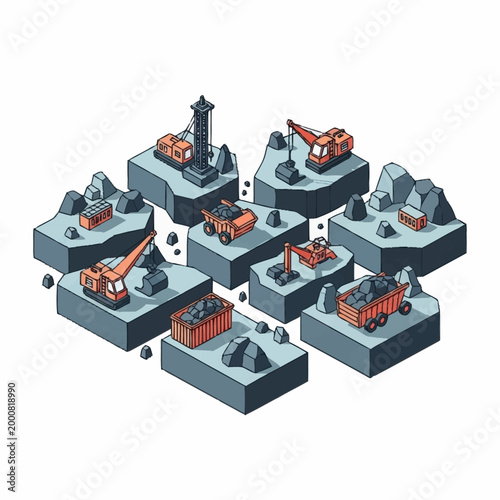 Isometric illustration of coal mining equipment and resources, showcasing the extraction process.