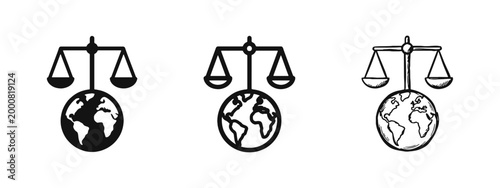Global Justice and International Law Icon Set in Solid, Outline, and Sketch Styles