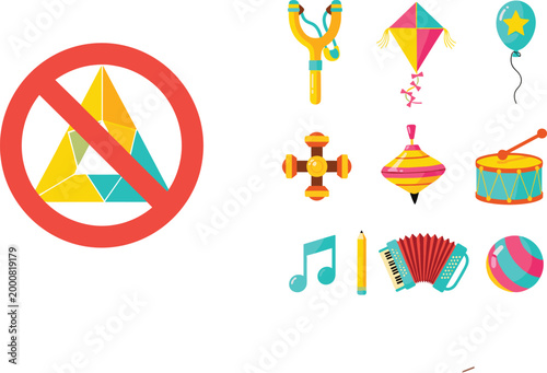 No Kite Symbol with Kids Toys Musical Instruments and Play Items Cartoon Vector Set