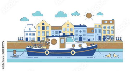 Colorful harbor scene, boat docked at pier, sunny coastal town, vector illustration