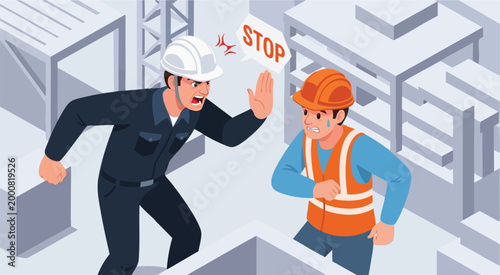 Foreman Stop Gesture Palm Raised at Construction Worker — Profile View Workplace Conflict Vector