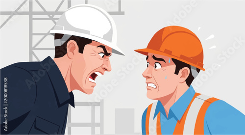 Close-Up Furious Foreman Face Confronting Stressed Construction Worker — Emotional Workplace Conflict Vector