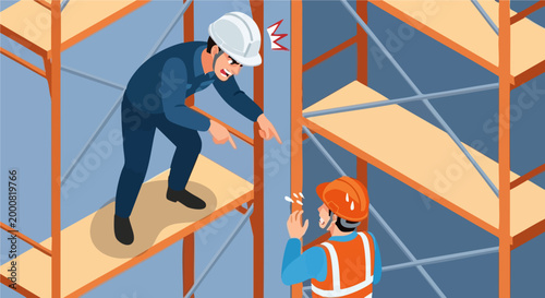 Dominant Foreman on Scaffolding Scolding Worker Below Construction Site Power Hierarchy