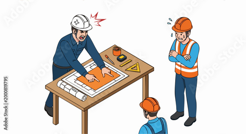 Furious Site Manager Slams Blueprint While Berating Worker at Construction Table 