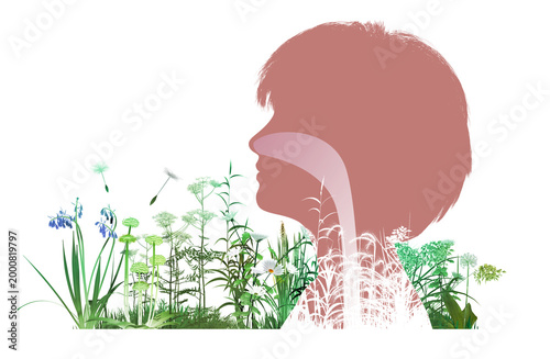 3D animated illustration of a woman's head profile with the upper human respiratory system (ENT). Graphically mixed with wildflowers and pollen floating in the air that trigger spring allergies. 