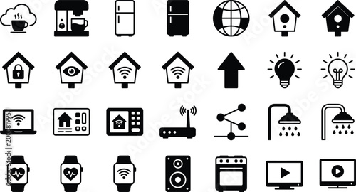 Collection of smart home and technology icons including appliances, devices, connectivity symbols, and automation elements representing modern digital living environments