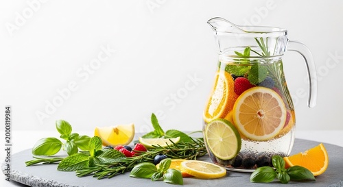 Refreshing Citrus Infused Water with Herbs in a Glass Pitcher and Fresh Ingredients.