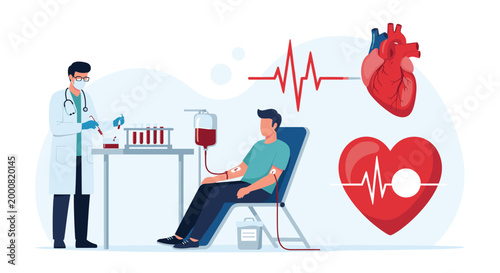Medical scene showing a blood donation or transfusion procedure with a doctor and patient surrounded by heart health symbols.