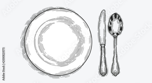 Detailed vintage etching illustration of a dining set featuring a white plate, a knife, and a spoon on a clean background.