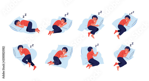 Illustration showing a young boy in eight different sleeping positions on a blue pillow to represent rest and healthy sleep habits for kids.