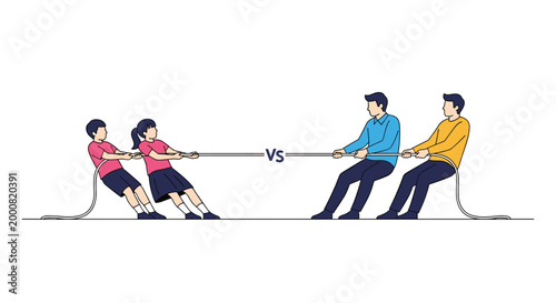 Team of young children competing against two adults in a fun tug of war game symbolized by a rope and a VS text marker on a white background.