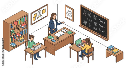 Modern classroom environment featuring a female teacher instructing her students as they work on their laptop computers at individual desks with books.