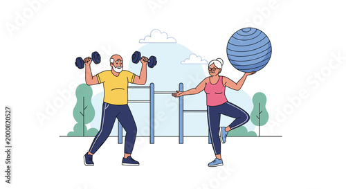 Active elderly couple exercising outdoors with the man lifting dumbbells and the woman balancing on one leg while holding a blue fitness ball.