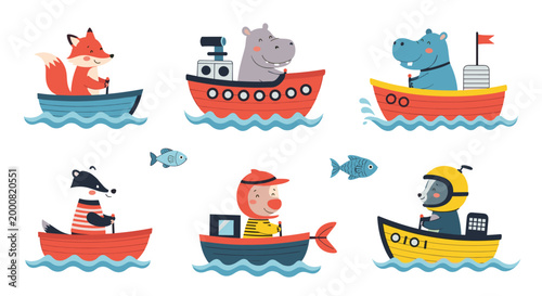 Whimsical animal characters such as a fox, hippos, and a badger navigating the seas in charming colorful boats with flags and accessories.