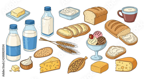 Selection of various breakfast foods and dairy products including milk bottles, bread loaves, cheese, butter, cereal, and ice cream on a white background.