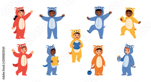 Group of joyful children wearing cute animal-themed onesies in red, blue, and yellow colors, posing and playing in various happy stances.