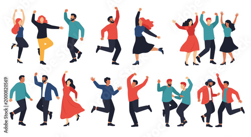 Dynamic set of people in diverse outfits dancing energetically in various poses with raised arms, capturing the spirit of celebration and joy.