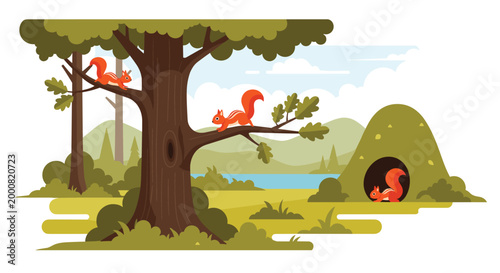 Three playful squirrels exploring a lush forest landscape with trees, mountains, a river, and a grassy hill near their burrow home in the wild.