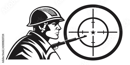 Close up soldier portrait aiming rifle at bullseye target with portrait bullseye crosshair military tactical shooting silhouette illustration professional precision marksmanship security