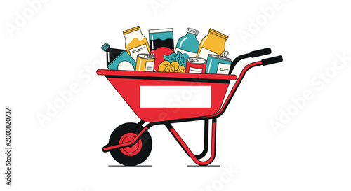 Red garden wheelbarrow overflowing with various food items including canned goods, bottles, vegetables, and containers on a white background.