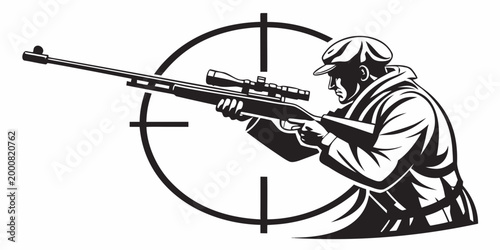 Obraz na płótnie Graphic illustration of a sniper aiming a scoped rifle at a target crosshair wit