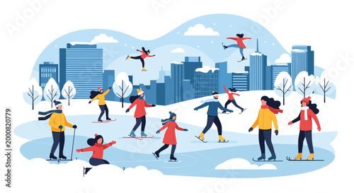 Large group of people enjoying ice skating on a frozen pond in a snowy city park with skyscrapers and winter trees under a soft cloudy sky.