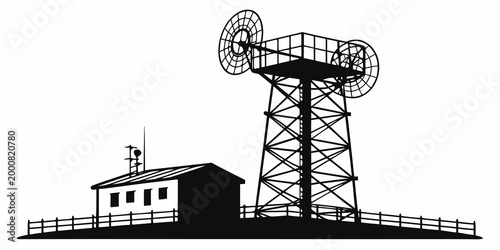 Foto Vector illustration of a telecommunications outpost with dual satellite dishes o