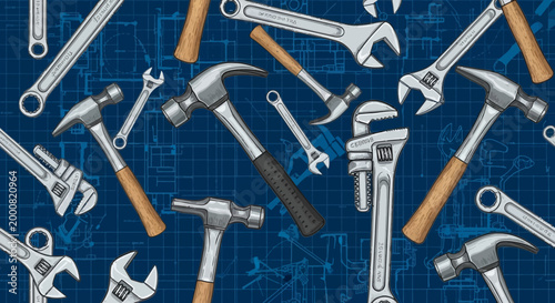 collection of various tools on blueprint background