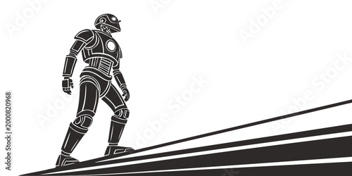 Photos Standing robot character looking ahead on a diagonal ascending slope with sci fi