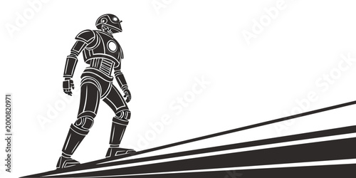 Photos Standing robot character looking ahead on a diagonal ascending slope with sci fi