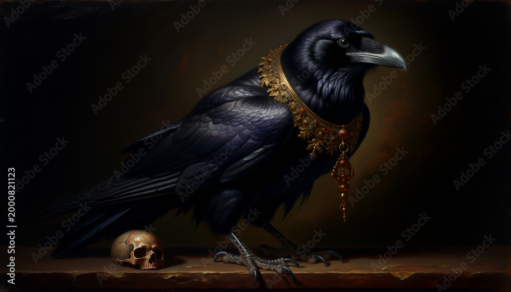 Fototapeta premium Mystical black raven with human skull in dark fantasy setting at night