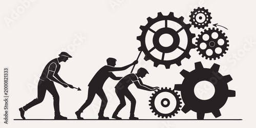 Canvas-taulu Team of workers collaborating to assemble mechanical gears with teamwork collabo