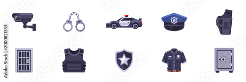 Set of police security and law enforcement icons, surveillance equipment and protection symbols, colorful collection with illustrations