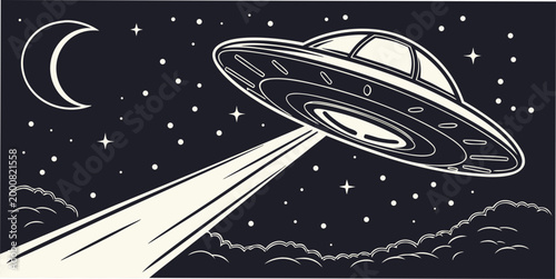 Stylized ufo flying through deep space atmosphere with light beam over clouds moon and starfield spaceship extraterrestrial exploration illustration monochrome celestial astronomy unidentified