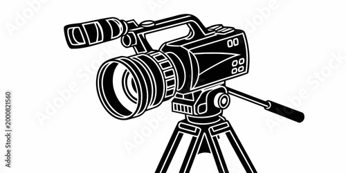 Professional broadcast camera on tripod stand black and white illustration with broadcast production photography equipment professional cinematography filmmaking recording television industry