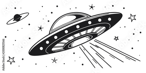 Graphic drawing of ufo spaceship with light beam and orbiting planet in starfield spaceship extraterrestrial astronomy exploration illustration monochrome celestial astrophysics universe