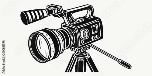 Professional film camera graphic icon with tripod stand camcorder silhouette broadcasting production equipment illustration recording photography professional technology journalism