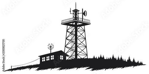 Graphic silhouette of a remote radio communication tower with outbuilding and surrounding pine forest telecommunications silhouette broadcast transmission infrastructure wireless communication