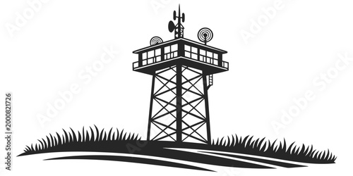 Graphic silhouette of a communication transmission tower with dish antennas on a grassy hill communication transmission silhouette broadcast telecommunication technology connection wireless
