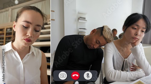Students connect through an online call. One student listens carefully while another shares thoughts. Emotions shift as they engage and focus on their tasks.