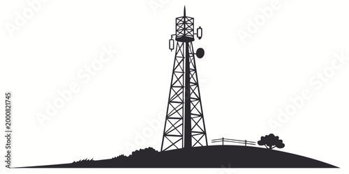 Silhouette illustration of a telecommunications radio mast with a fence on a grassy hill telecommunication communication silhouette transmission technology structure industrial connection