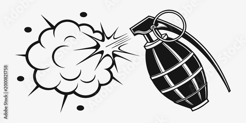 Graphic illustration of a hand grenade releasing smoke or gas blast with explosion military tactical ammunition illustration isolated conflict detonation artillery equipment hardware